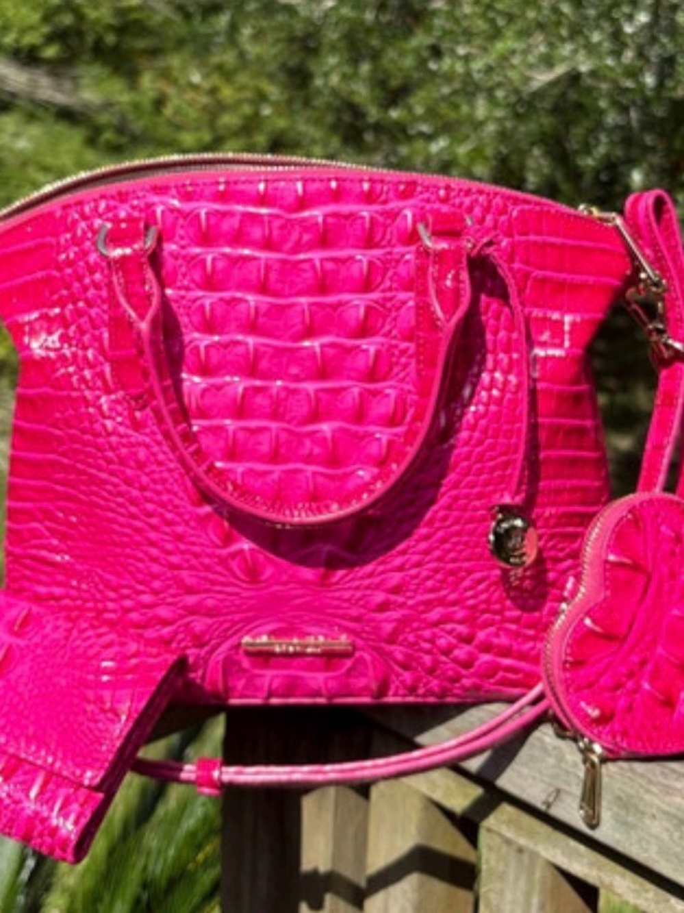 Brahmin Hot Pink Croc-Embossed Tote with matching wallet and coin purse
